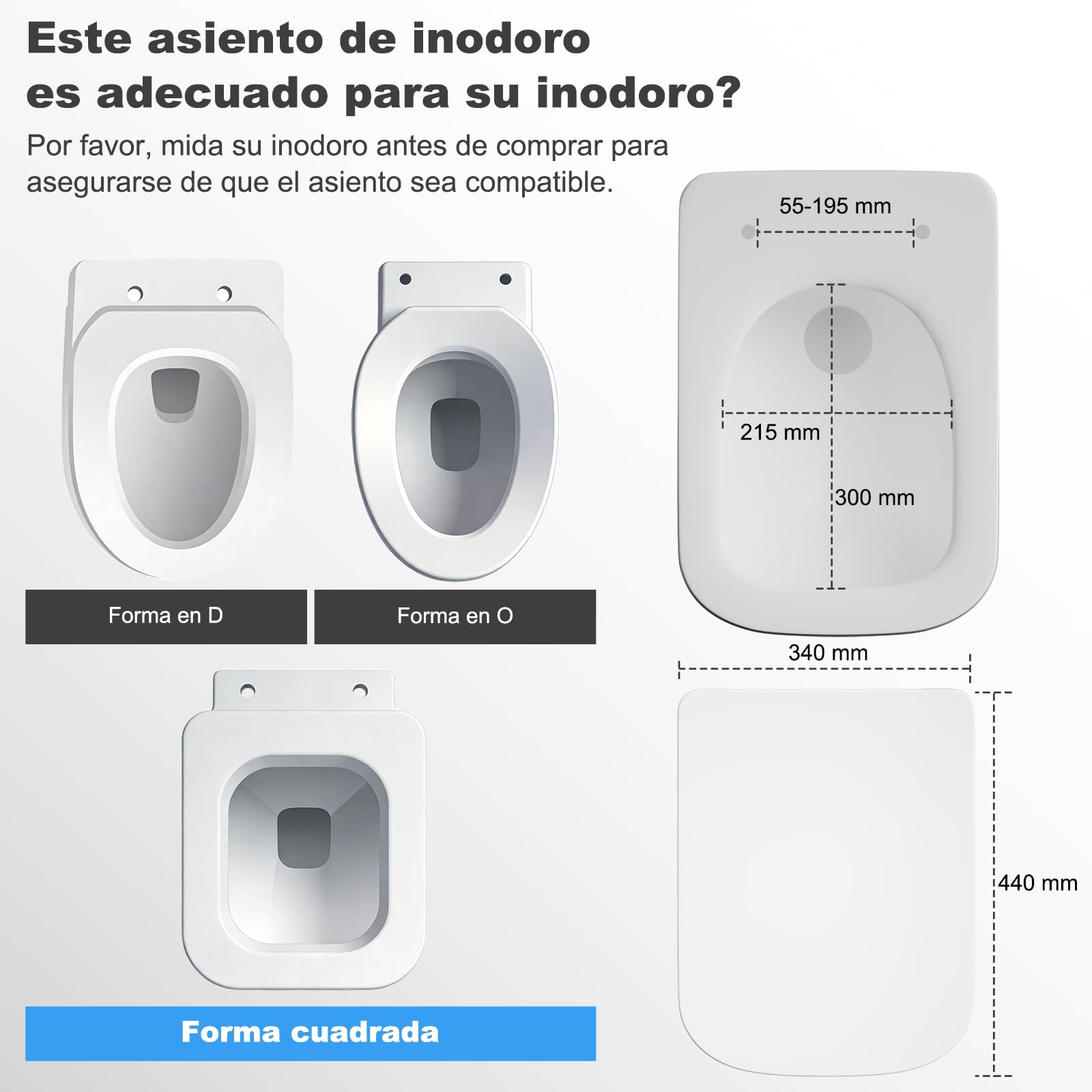 SURFOU Tapa WC Universal en Forma de Cuadrado, Asiento de Inodoro de Duroplast con Cierre Suave, Soporta hasta 200 kg, Desmontaje Rápido para Limpieza Fácil, con Gomas para Fijación Estable