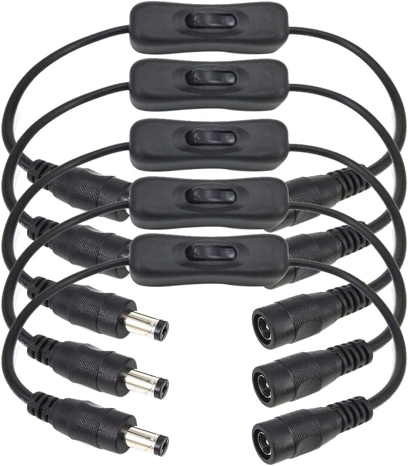 Gebildet 5pcs 12V LED Strip Light Inline On/Off Switch Cable DC Jack (5.5x2.1mm) Male to Female Connector(Black)