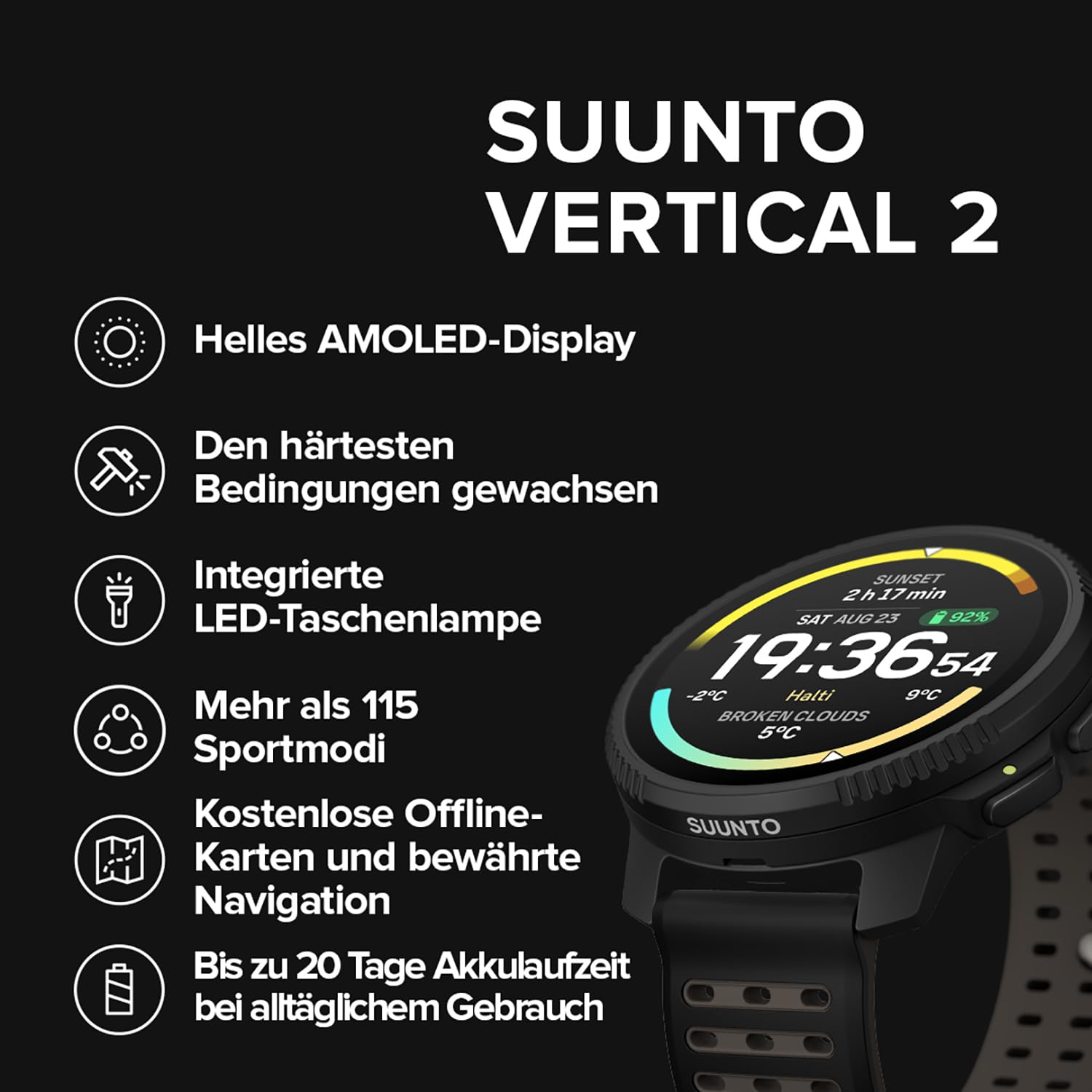 SUUNTO Vertical 2 Abenteuer-Uhr, Dual-Frequenz GPS, 115+ Sportmodi, 1,5 Zoll Touchscreen, Kostenlose globale Offline-Karten, 40 Tage Akkulaufzeit, Für Training & tägliche Abenteuer