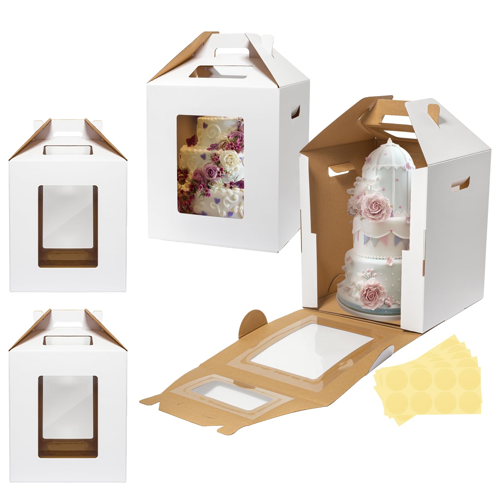 Wowxyz Paquete de 4 cajas altas de 2 tamaños para pasteles de nivel de 10 x 10 x 12 pulgadas y 12 x 12 x 14 pulgadas, desechables, con ventana, contenedores de transporte de panadería con asa para
