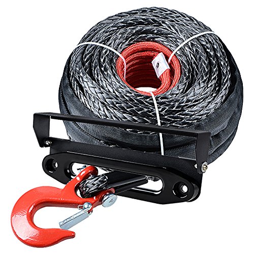 amopacorp Set 92 feet 1/2 inch Recovery Synthetic Winch Rope with RED Hook and 10 inch Anodized Black CNC Machine Aluminum Hawse Fairlead with 254mm Flip-Up License Plate Holder Kit