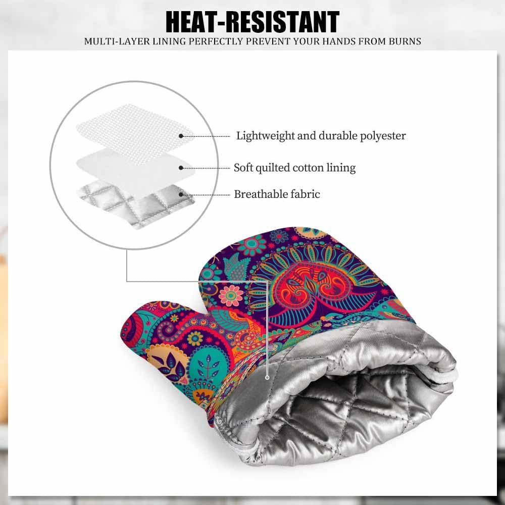 Mxocom Colorful Flowers Silicone Oven Mitts and Pot Holders Sets Exotic Curly Ethnic Fantastic Floral Colorful Artistic BBQ Gloves for Kitchen,Cooking,Baking,Grilling - Image 5