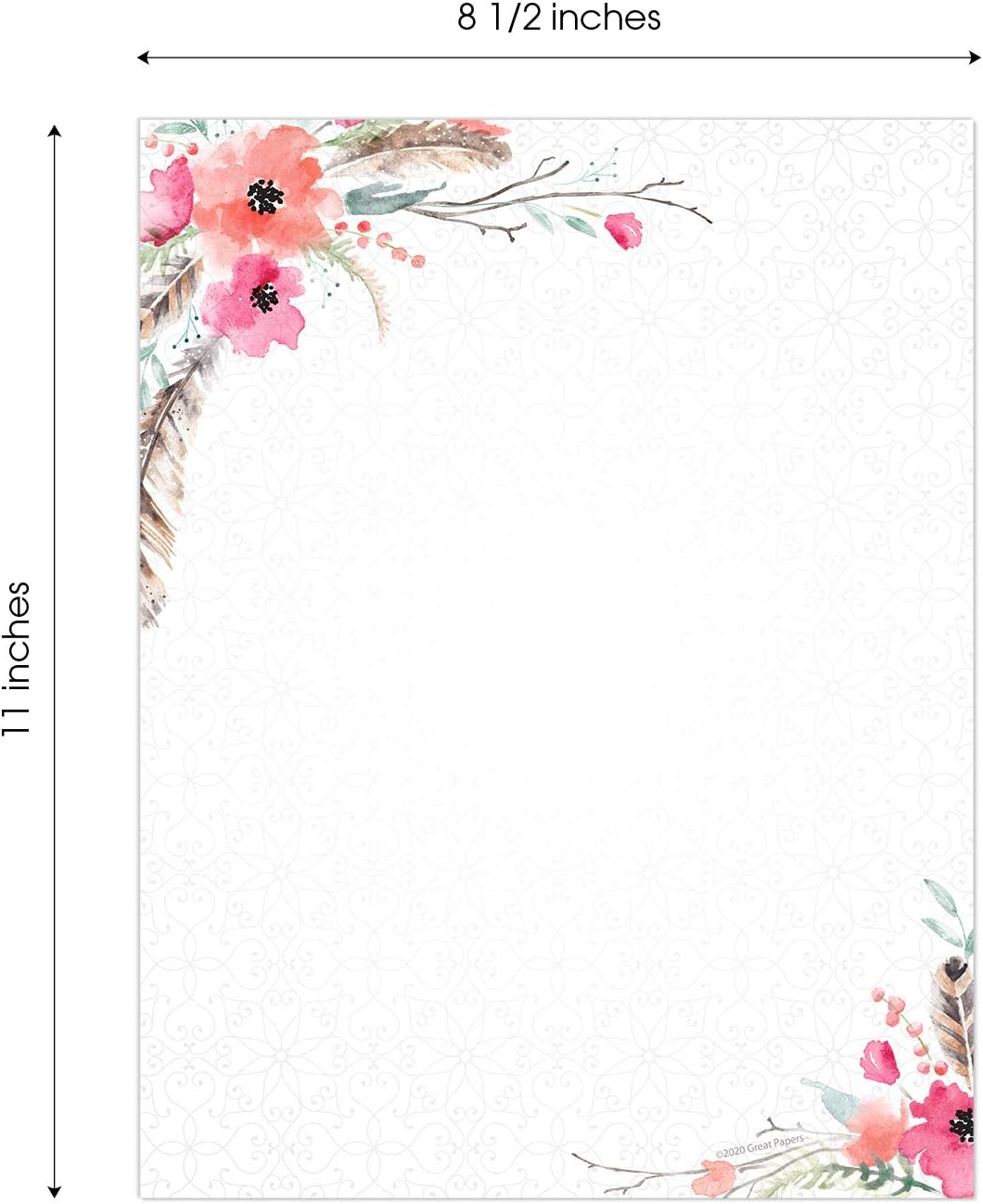 Great Papers! Boho Spirit Letterhead / 80 Sheets Watercolor Floral Arrow Letter Paper / 8.5" x 11" Baby Shower Bridal Shower Stationery