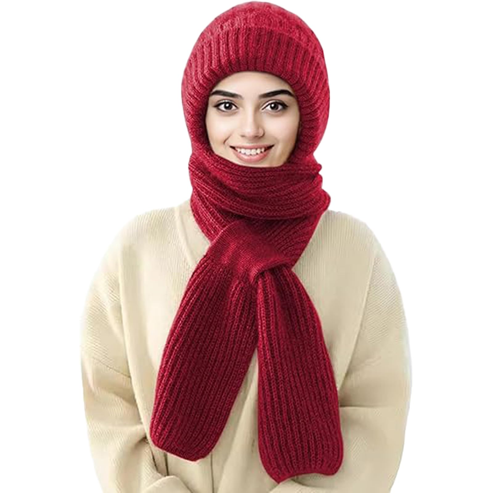 Winter Versatile Knitted Hooded Scarf for Women, Hat Scarf All-in-one Warm Windproof Winter Hats (Burgundy)