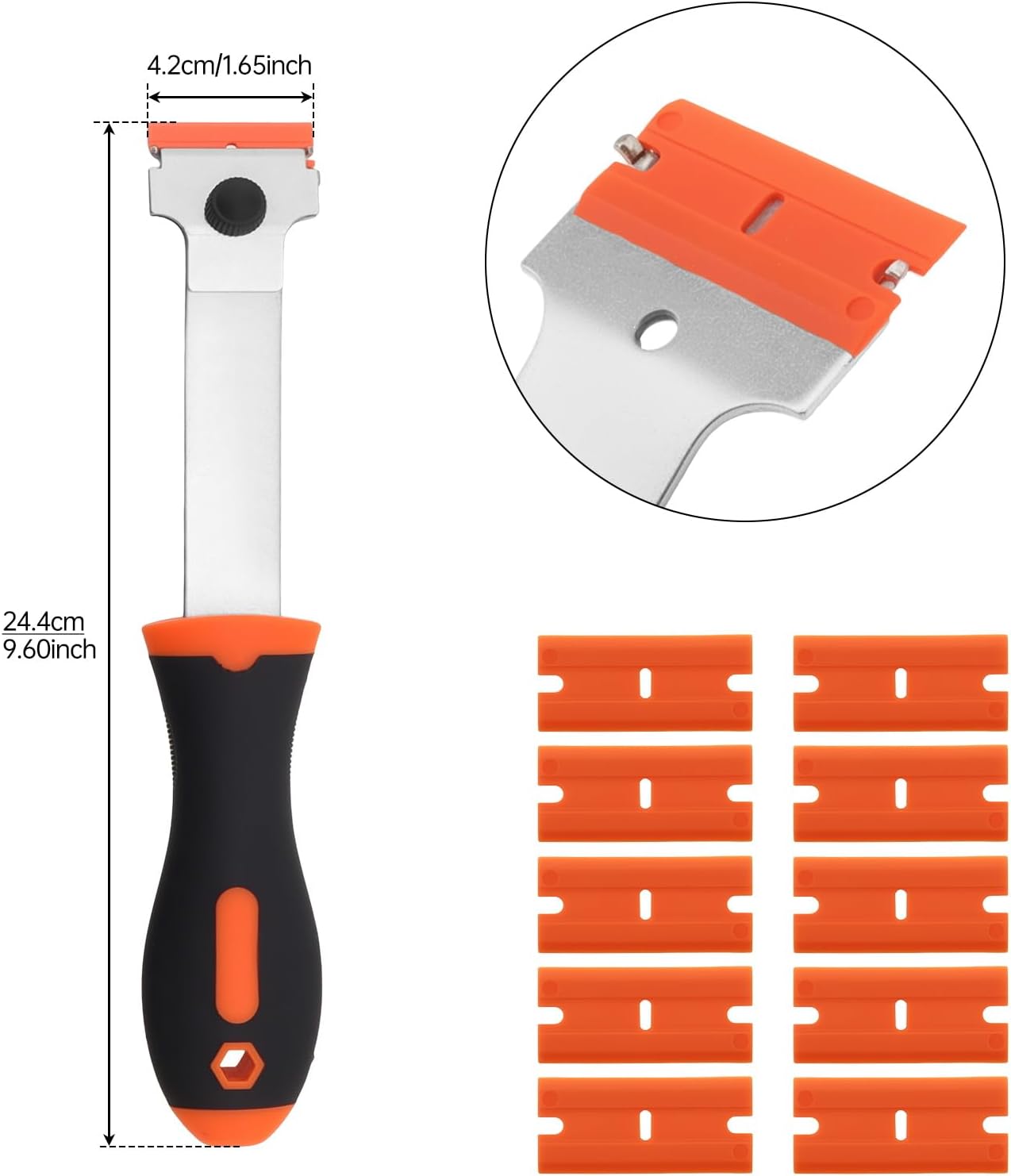 Razor Blade Scraper, Long Handled Scraper with 10 Extra Replacement Blades, Cleaning Scraper for Removing Stickers, Paint, Caulk, Label, Grease from Window, Car Glass, Windshield, Stove