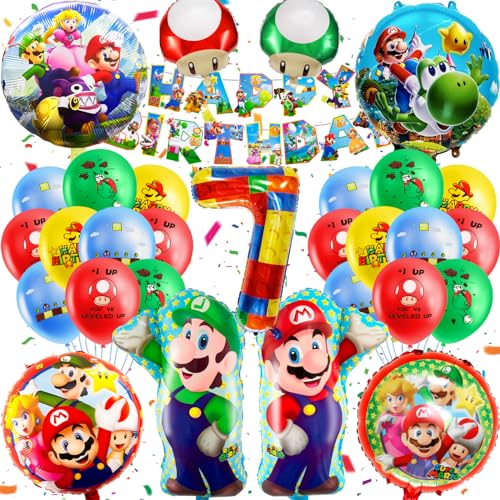 MLA7 32 unidades decoração de aniversário de Mario, balões de 7 anos, conjunto de balões de aniversário infantis, decoração de aniversário, balões de aniversário, decoração temática com balões super