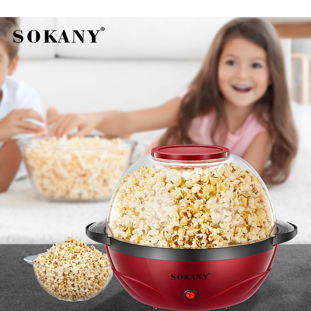 SOKANY SK-905 850W Automatic Stirring Popcorn Maker, 3.6L Popcorn Popper maker, Nonstick Plate, Cool Touch Handles, Dishwasher Safe, Great for Home Party Kids, Red
