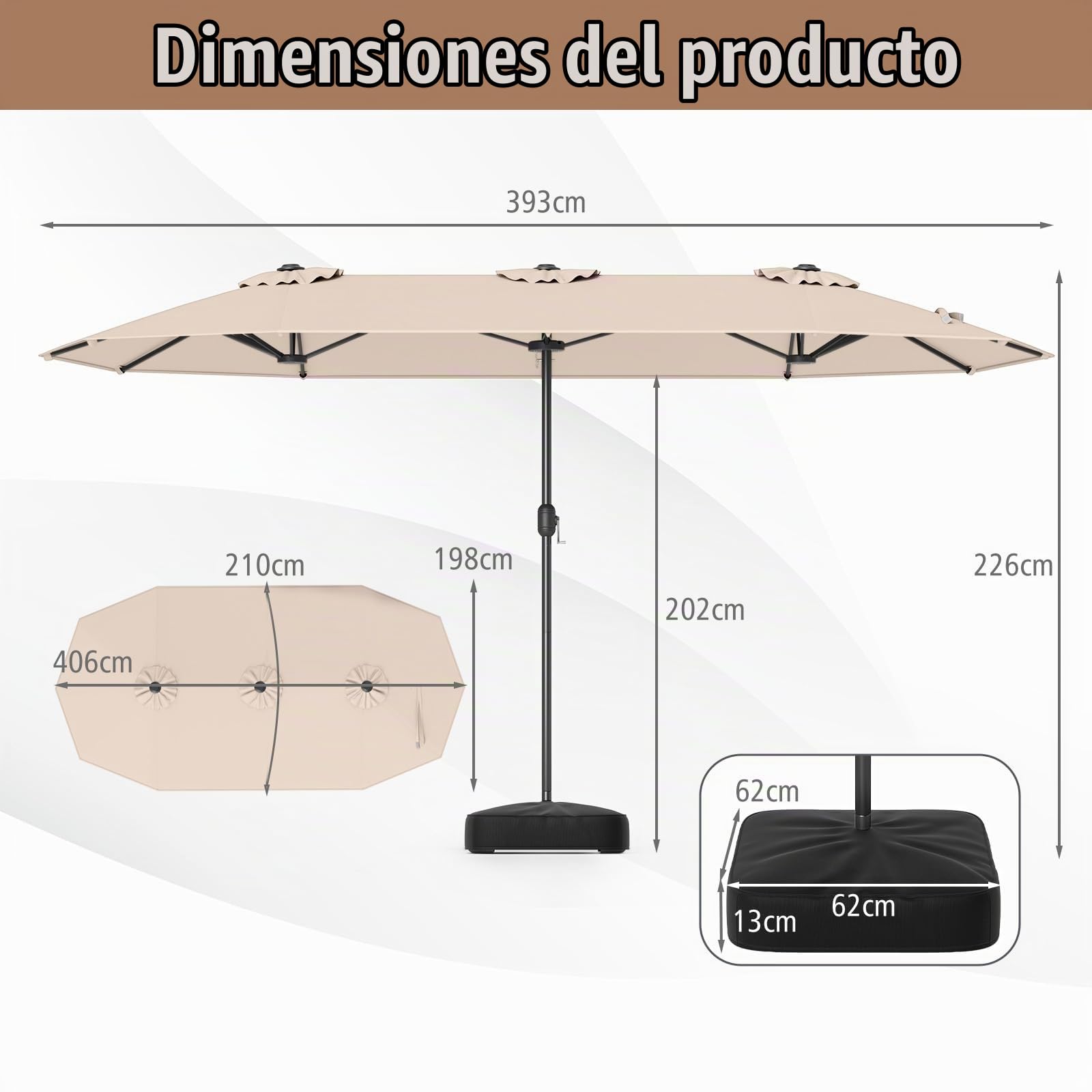 RELAX4LIFE Sombrilla doble de jardín con base de 4 x 2 m, sombrilla parasol con apertura de manivela, tejados ventilados, sombrilla de exterior para patio, patio, restaurante o bar