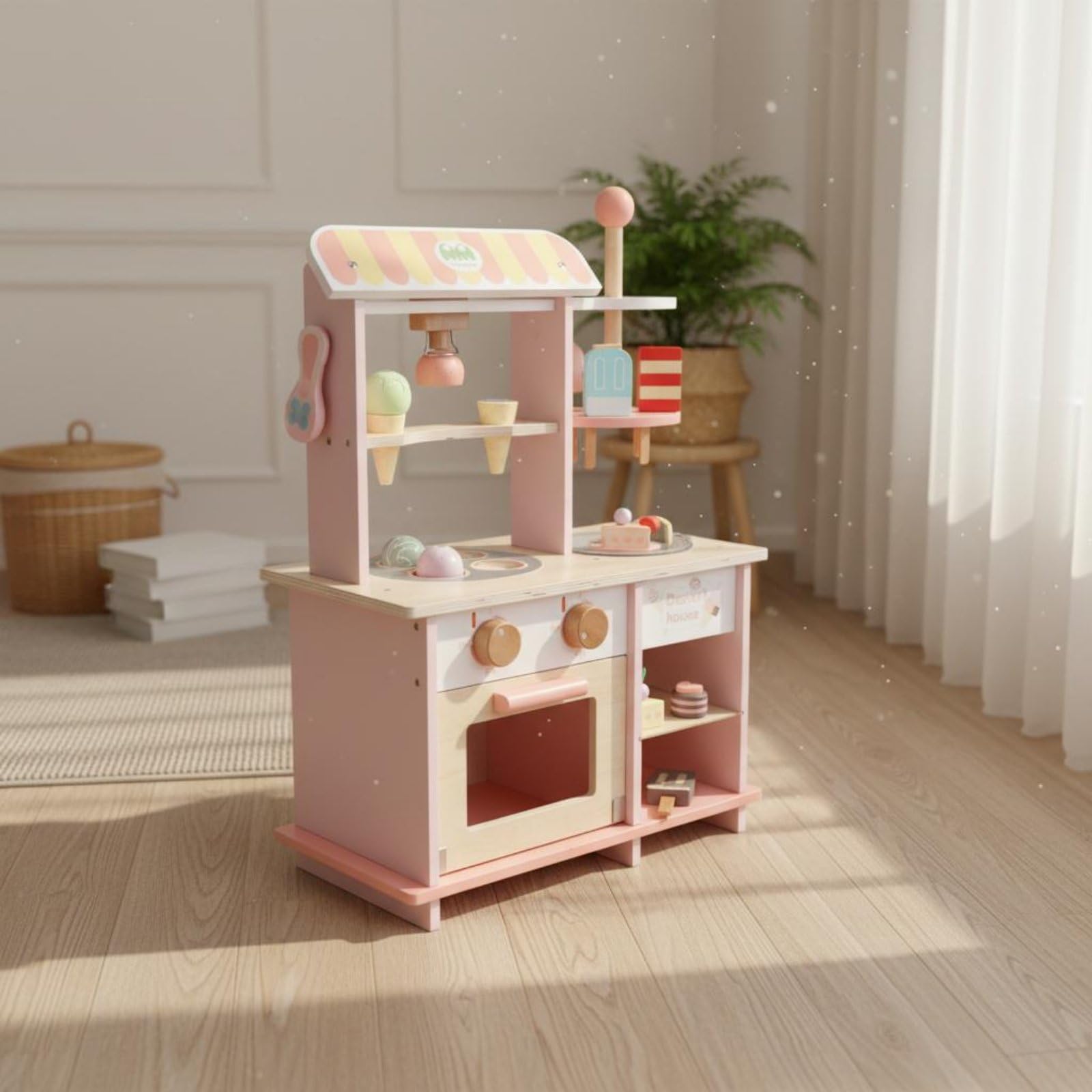 Jiuvaso Kids Dessert Playhouse Banco Gelati Finto per Bambini Negozio di Dolci in Legno Gioco di Ruolo Educativo Set Interattivo con Accessori Adatto per Casa Spazio Giochi Momenti Famiglia