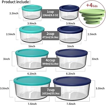 AILTEC 8-Pack Glass Food Containers, Round with Lids, 7/4/2/1 Cup Sizes