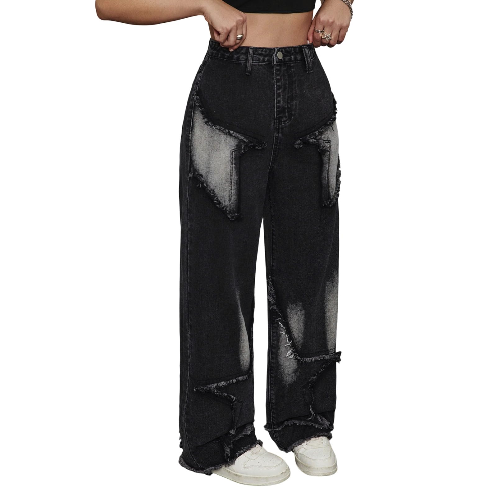 Jeans per Bambini Neri - Pantaloni in Denim a Gamba Larga per Ragazze alla Moda con Design a Stella a Vita Alta Comodi Pantaloni Casual per Ragazze Adolescenti e Ragazzi Pantaloni alla Moda da Strada
