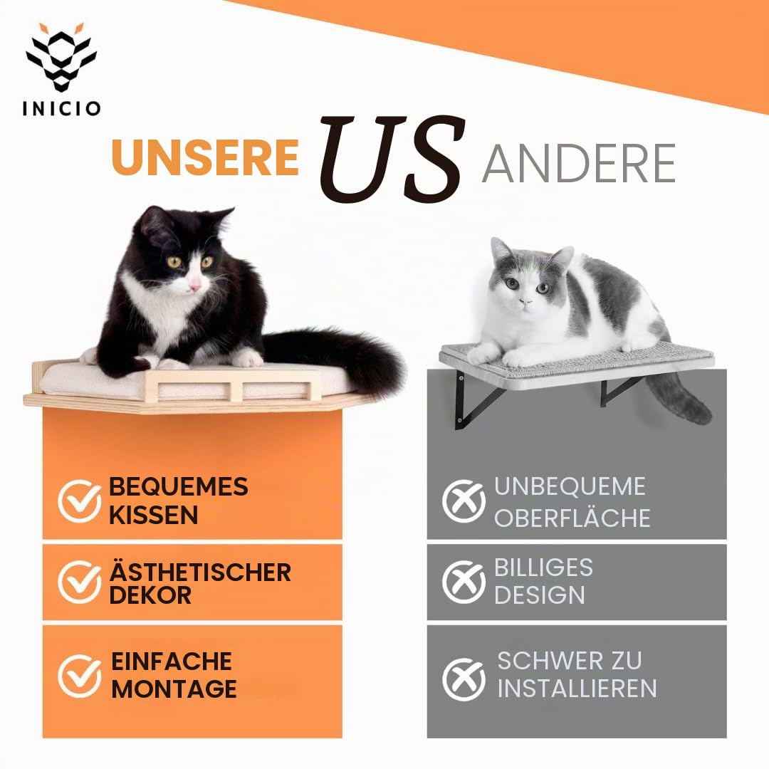 INICIO Katzen-Wandregal, sichere und stabile Katzenwandmöbel, stilvolles Eckregal aus Birkenholz, 3 Stufen für Katzen bis 8 kg, gepolsterte Sitzstange und Treppen zum Klettern und Spielen