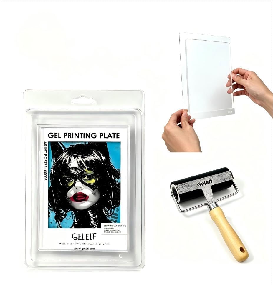 Gelelf 5×7 Inches Gel Printing Plate Kit Upgraded Anti‑Yellowing Gel Plate with Acrylic Stamping Handle & 4‑Inch Rubber Brayer