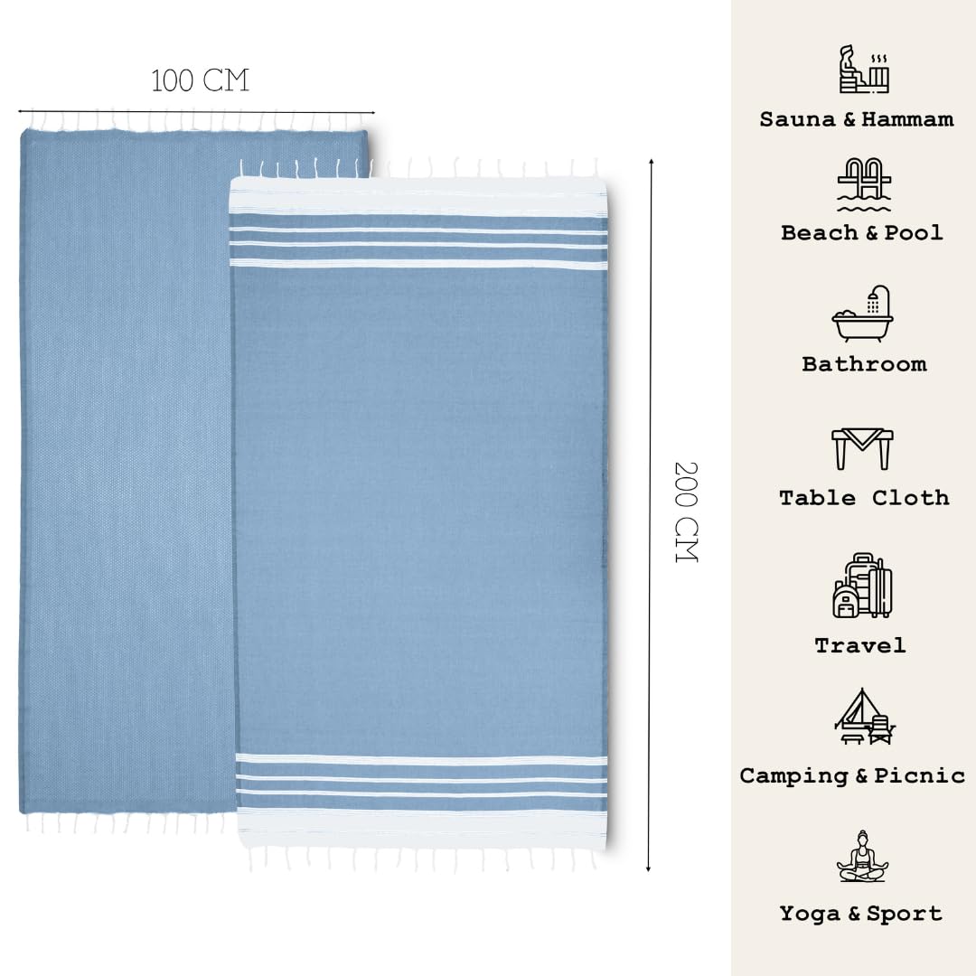 NOUR Toalla de playa de hammam, paquete de 2 unidades, grande, 100 x 200 cm, 100 % algodón, manta de pícnic, toalla de sauna, extraligera, absorbente, de secado rápido, sin arena (vaqueros azules)