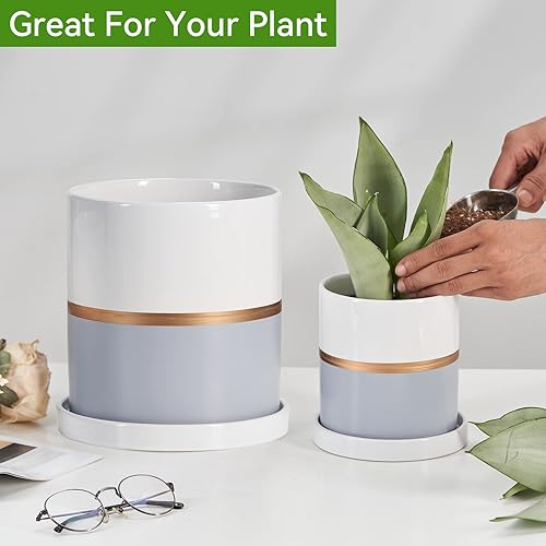Miniatura 4 de Ekirlin Maceta de cerámica de 4 pulgadas para interiores, recipientes modernos para suculentas con platillo de orificio de drenaje, decorar el