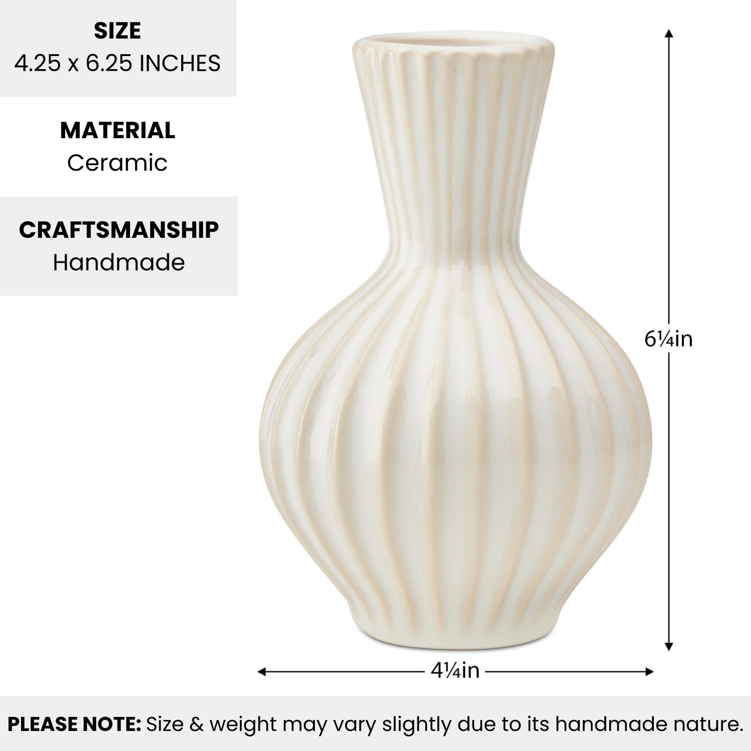 Torre & Tagus 6" Ribbed Ceramic Bud Vase for Flowers - 6 Inch White Flower Vase & Small Ceramic Vases for Flowers, Handmade Ribbed Bud Vases for Home Decor & Wedding Decor for Table (Anna White)