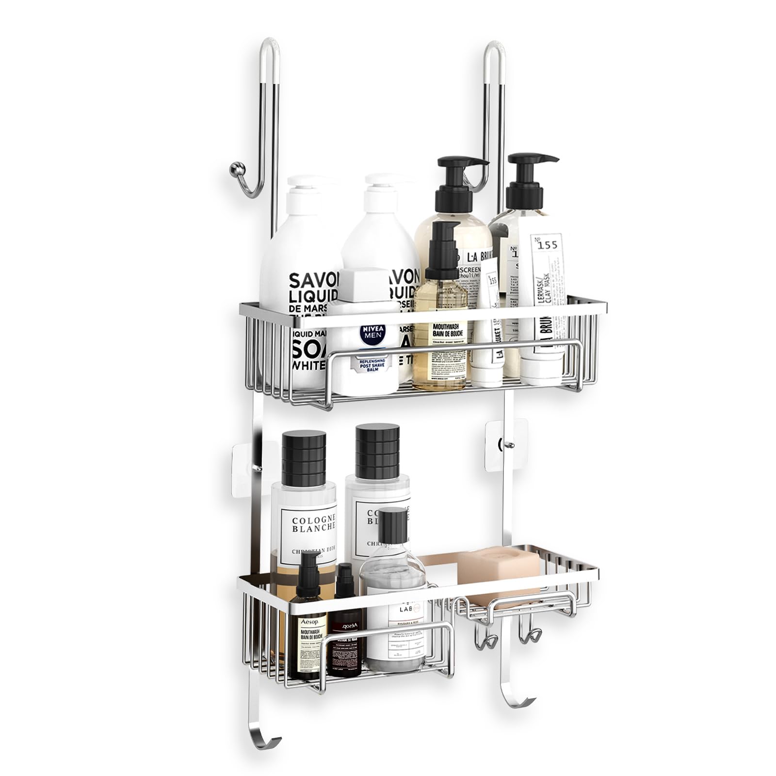 COSYLAND Shower Caddy Hanging Over The Door, Rustproof SUS304 Stainless Steel Bathroom Organizer Basket Shelf Storage Rack Shampoo Soap Dishes Holder Hooks, for Dorm, Toilet, Bath and Kitchen, Silver