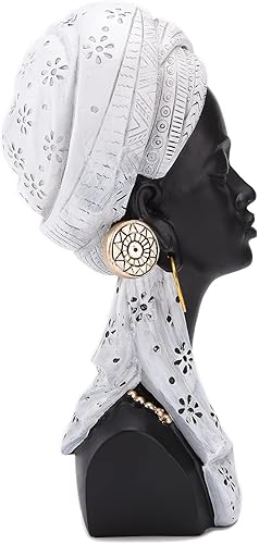 Miniatura 3 de BRASSTAR Resina africana busto negro estatua mujer negra llevaba turbante blanco 11.8 pulgadas (H) arte moderno sala de estar escritorio estantería
