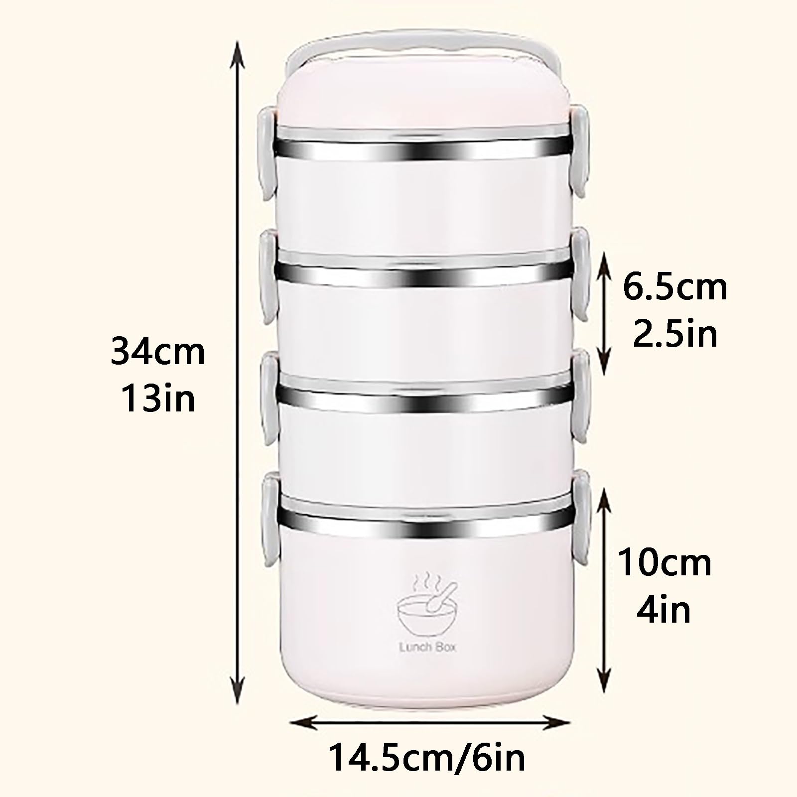 Fiambrera Infantil, Bento Box, Lonchera, Bolsa De Almuerzo Aislada, Lonchera Apilable De Acero Inoxidable, Lonchera Portátil De Gran Capacidad para Viajes, Trabajo, Picnic (blanco)(White,14.5*34cm/6*1