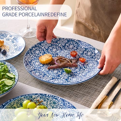 Image of Bestone Porcelain Dinnerware Sets Service for 4, 12 pcs Hand drawn Plates and Bowls Sets, Handmade Ceramic Dish Set, Chip Resistant Modern Plate Set, Dishwasher /Microwave Safe，Vintage Blue