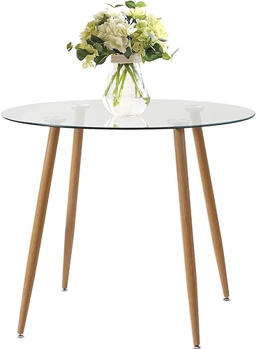 Miniatura 7 de SICOTAS Mesa de comedor redonda  Mesa de cocina con parte superior de vidrio con patas de metal de madera, mesa de comedor moderna para 2 o 4, mesa