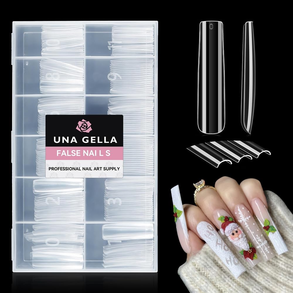 UNA GELLA XXL Long Square Nails Tips 216 PCS No C Curve Straight Nail Tips Full Cover Square Gel Tips Extra Long Nail Tips Clear False Fake Nails Gel Nail Extension for Nail Salon Home DIY 12 Sizes