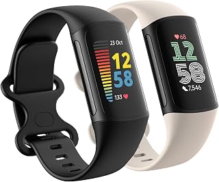 Fitbit Charge 6 / Charge 5 밴드와 호환되는 방수 밴드 2팩 | 클래식하고 부드럽고 통기성이 좋은 스포츠 교체용 손목 밴드, 여성용 남성용, (블랙/스타라이트, 라지 18.1-24.1cm)