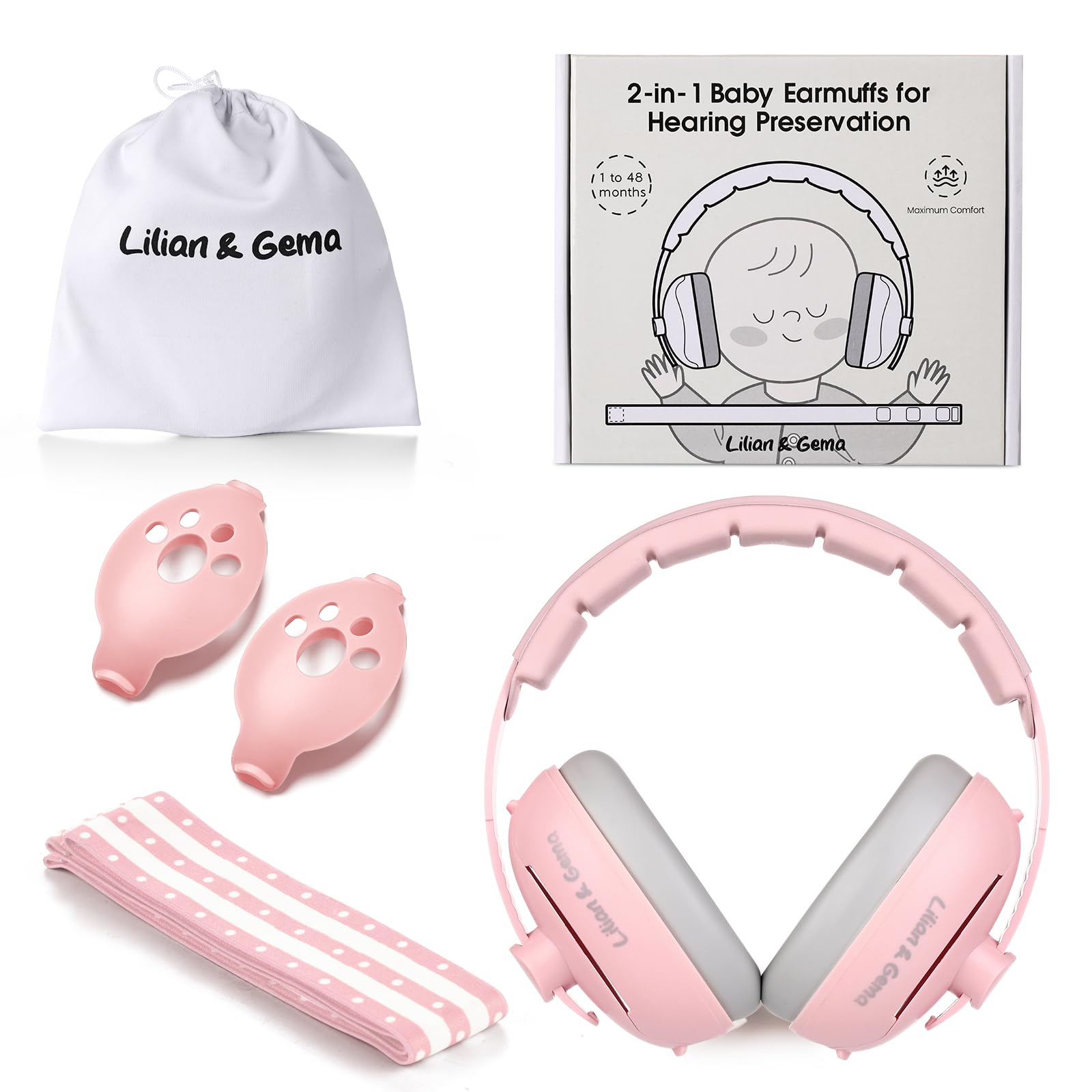 Lilian&Gema 2 in 1 Cuffie Neonato Antirumore -25dB,Protettori acustici per neonati, archetto regolabile, antiscivolo e antistress, protezione acustica ideale per neonati fino a 48 mesi
