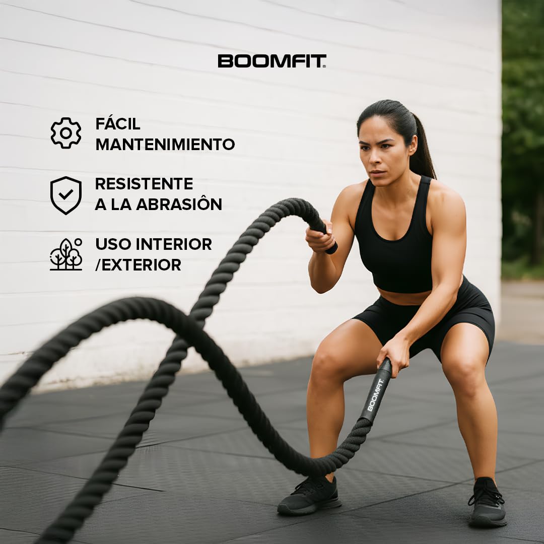 BOOMFIT Cuerda de Batalla 9 m | Battle Rope para Crosstraining y HIIT Ø40mm | Entrenamiento Funcional con Agarre Antideslizante para Gym en Casa y Exterior | Mejora Fuerza y Cardio para Atletas