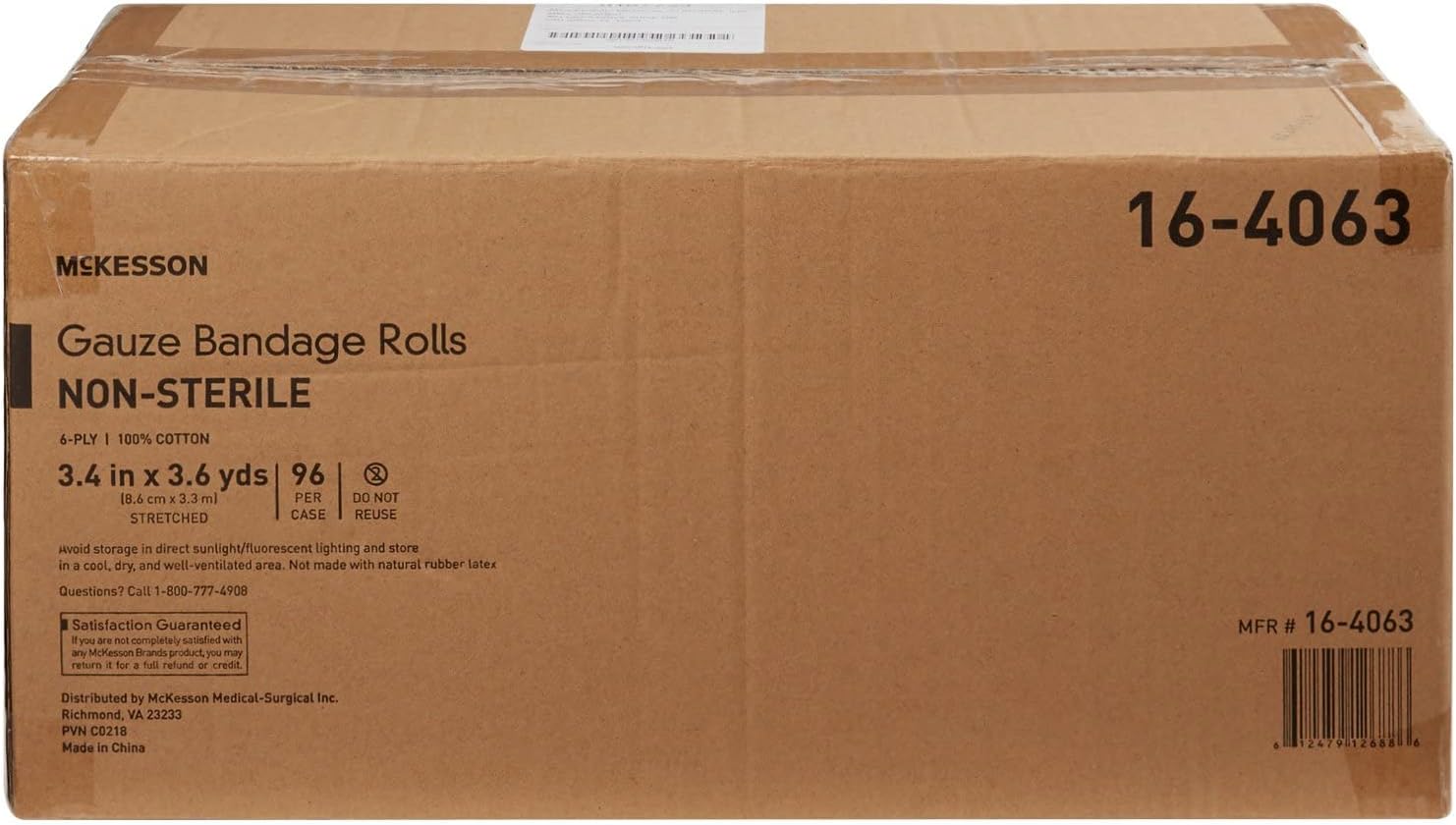 McKesson Gauze Bandage Rolls, Non-Sterile, 6-Ply, 100% Cotton, 3 2/5 in x 3 3/5 in, 96 Count