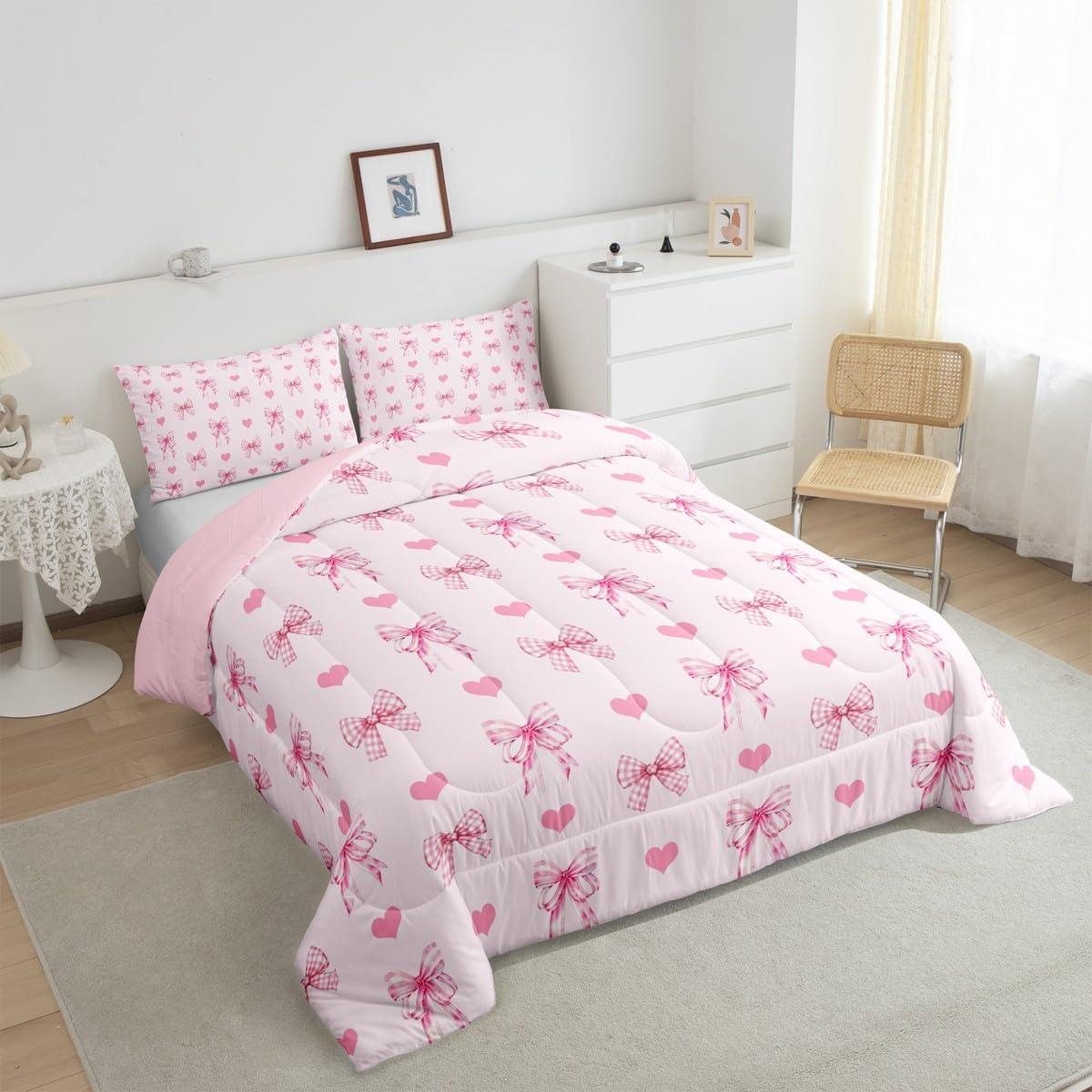 Feelyou Pink Bowknot Comforter Set Twin Size Dreamy Princess Bedding Set for Kids Boys Girls Cute Bow Duvet Quilt Love Heart Bedroom Decor Microfiber 2 Pcs with 1 Pillow Cases