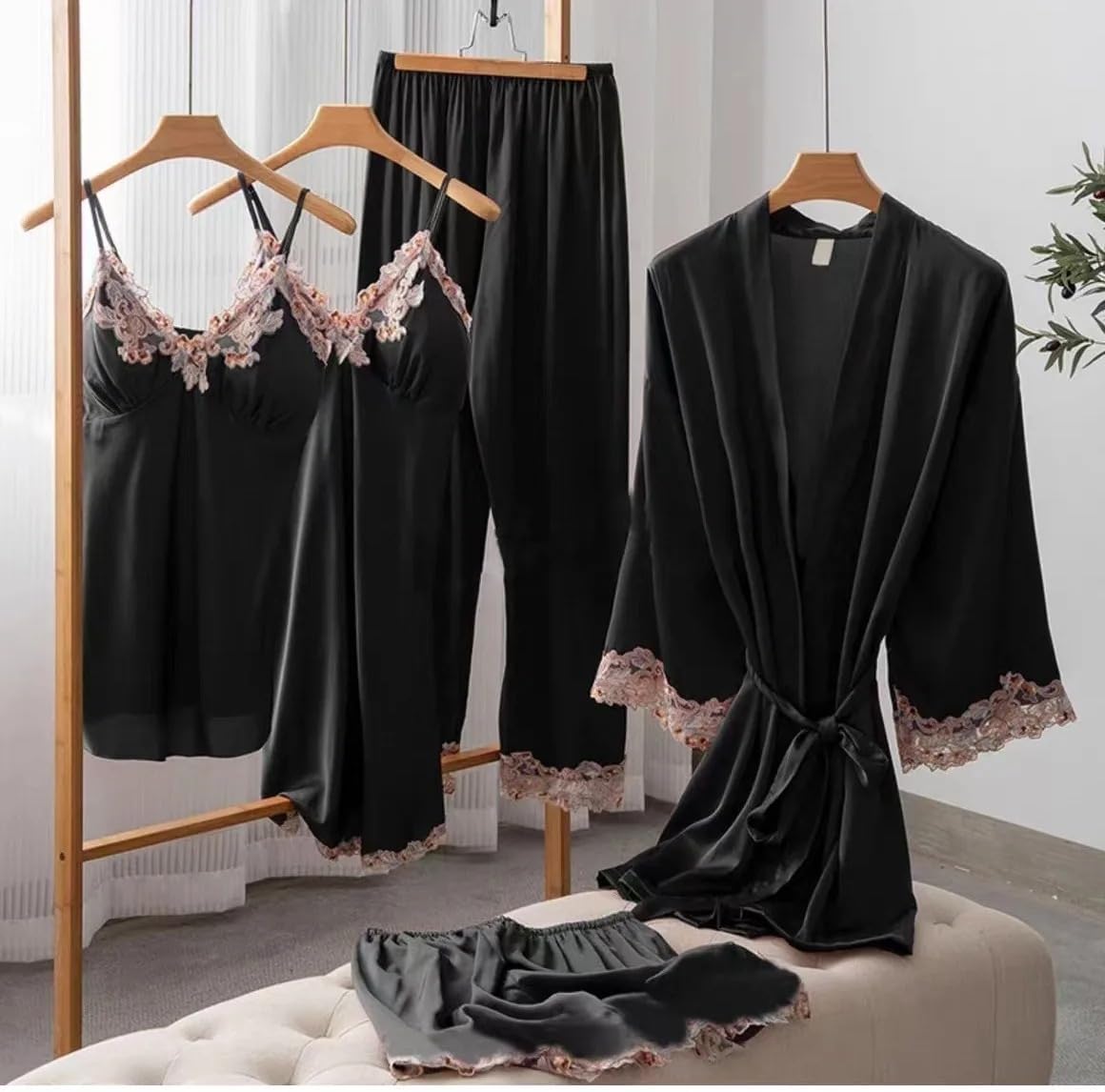 Women's 5-Piece Ice Silk Pajama Set, Long-Sleeved Robe, Nightgown & Pants, Spring Fall