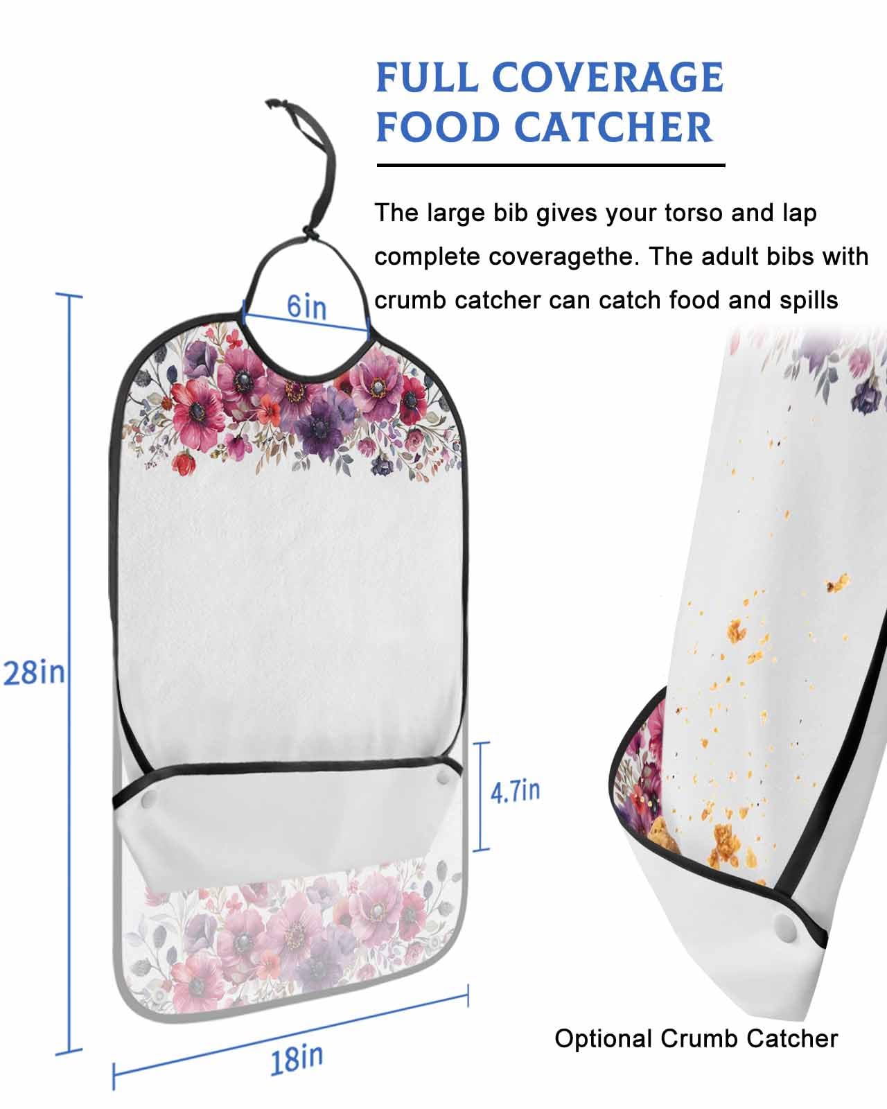 Purple Floral Adult Bib for Adults Men, Women, Eucalyptus Aesthetic Leaves Botanical White Washable & Adjustable Terry Cloth Bib with Crumb Catcher Reusable Waterproof Clothing Clothes Protector Apron