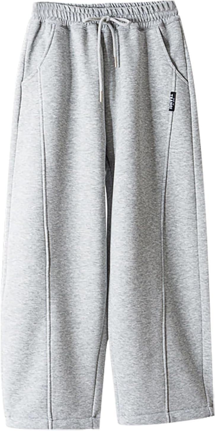 Boys' Open Bottom Fleece-Lined Sweatpants with Pockets High Elastic Waist Baggy Wide Straight Leg Pants 5-15 Years