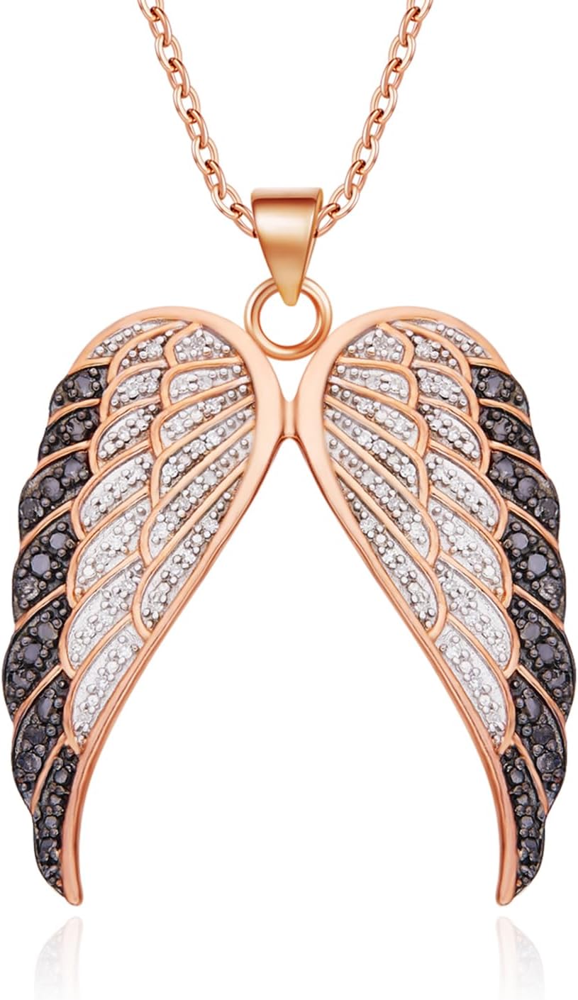 AFFY 1/2 Carat Round White & Enhanced Black Natural Diamond Angel Wings Pendant Necklace In 14k Gold Over Sterling Silver (0.50 Cttw) With 18" Chain Gift For Her
