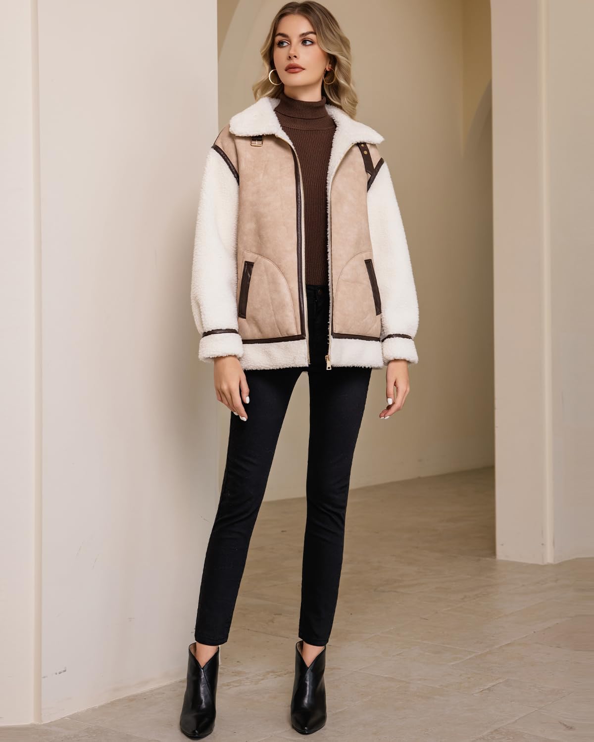 DIASHINY Women Fur Leather Jacket Patchwork Faux Shearing Fur Jacket with Sherpa Fleece Lined Coat - Image 3