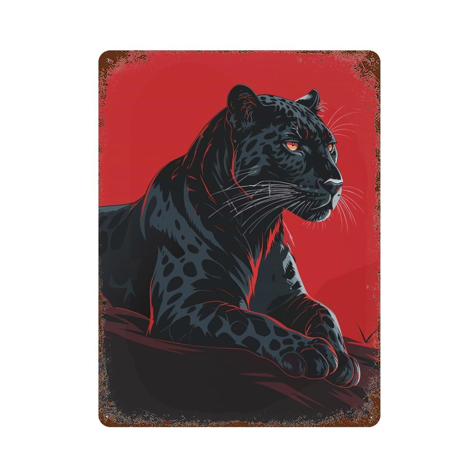 Black Panther Illustration on Red Background Vintage Rust Metal Sign 15.7"x11.8", Shabby Chic Decor for Garage, Pub Or Kitchen