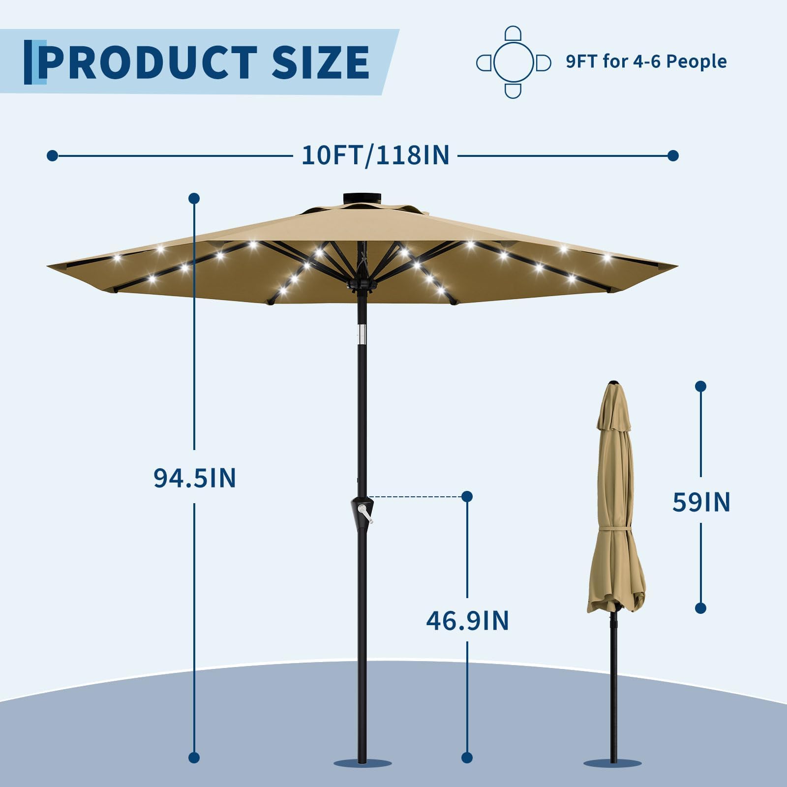 IDEALHOUSE Solar-Gartenschirm 10 ft (304 cm) - 32 LED-Lichter