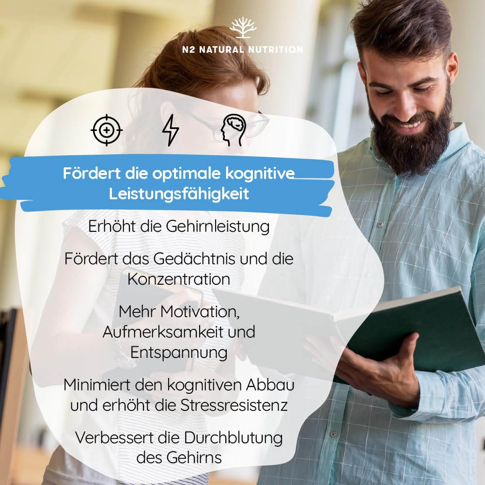 Nootropic - Ginko Biloba für Konzentration. Folsäure, Reishi, Bacopa Bonnieri. Brain Booster | Koffein. Vit b12, B6 zur normalen psychologischen Funktion beitragen.60Vegan Kapseln N2 Natural Nutrition
