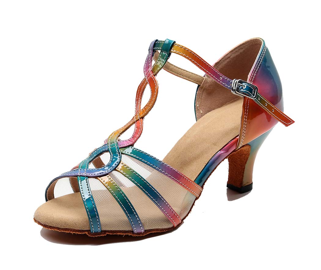 TDA Women's T-Strap Peep Toe Mid Heel Cut-Out Mesh Multicoloured Synthetic Salsa Tango Practice Latin Modern Shoes Wedding Praty Dance Sandals 6.5 M US