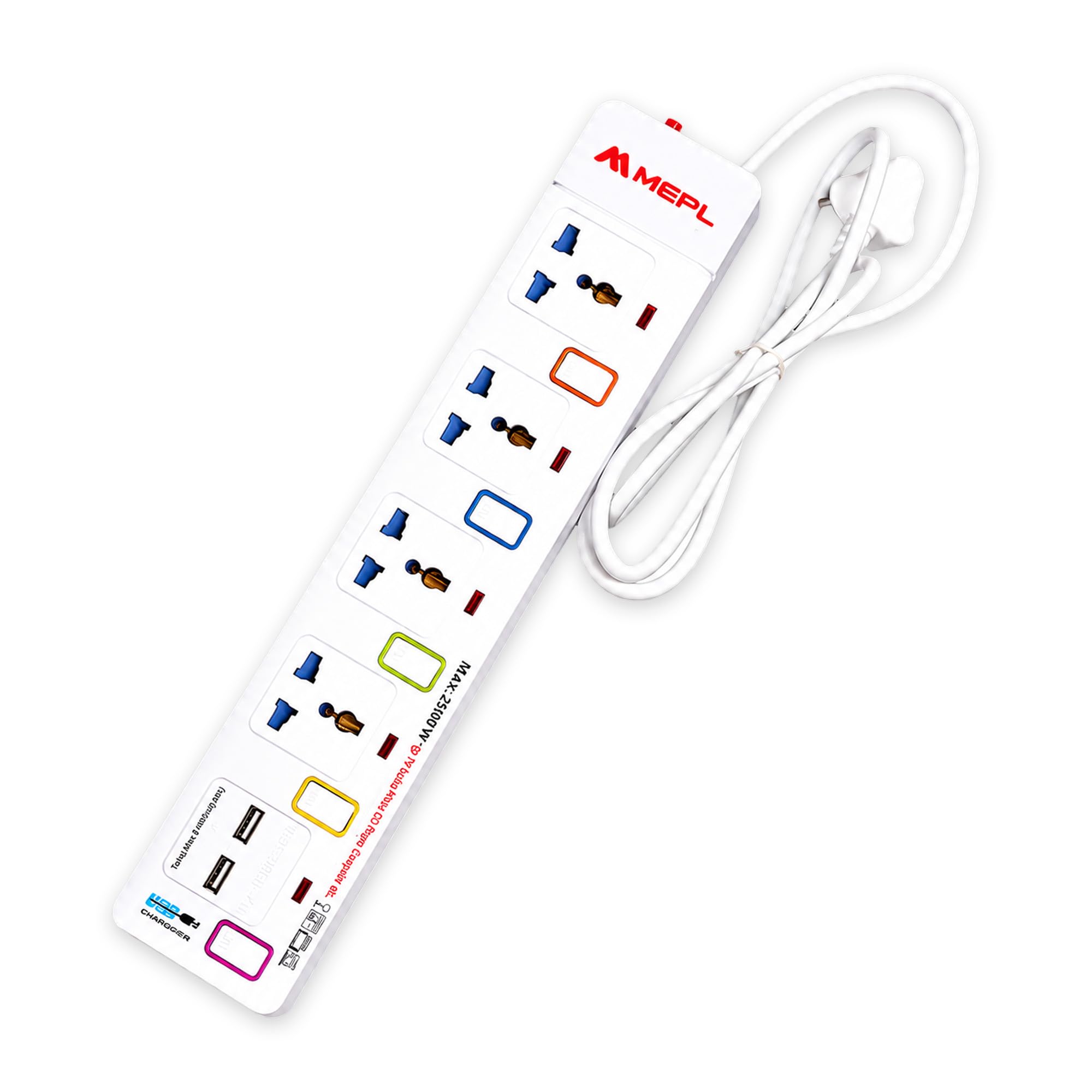MEPL Universal Electrical Extension Cord Switch Board Multi Plug Socket Surge Protector On/Off Button With Led Indicator And Shock Proof Safety Shutter (2Meter : 6.5 Feet Strong Wire) (4 socket with 2 USB)-image-16