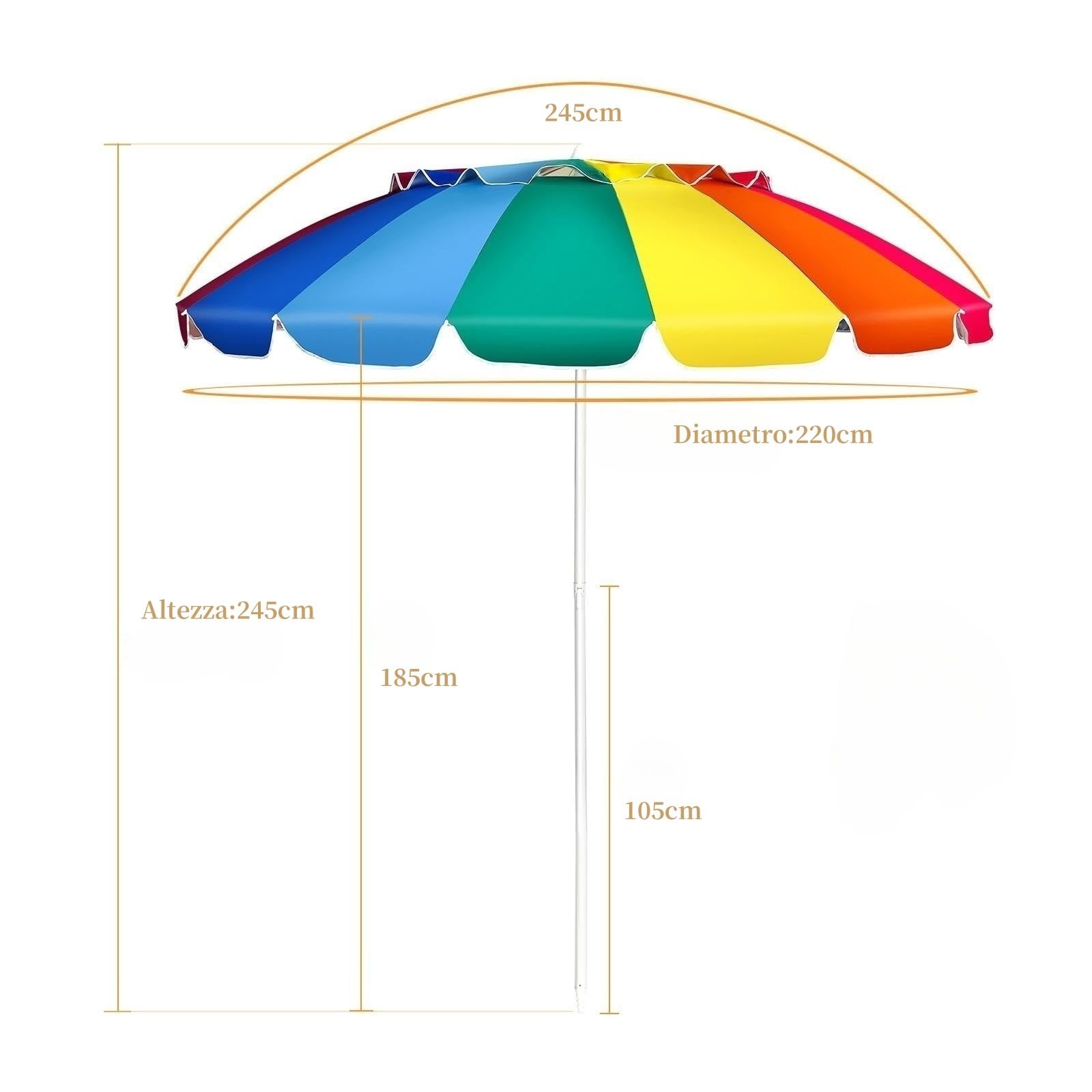 GYMAX Ombrellone da Spiaggia Antivento 220cm, Ombrellone da Mare Inclinabile e Portatile con Copertura Impermeabile e Resistente ai Raggi Solari UV, 16 Stecche (Colorato, 220CM)