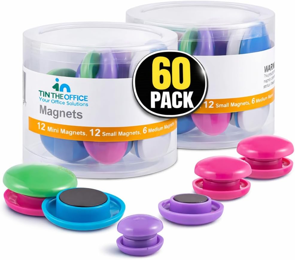 1InTheOffice Magnets Round Magnets, Small Refrigerator Magnets, Assorted Colors, 60/Pack
