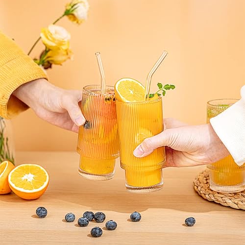 Miniatura 7 de Gracenal Vasos de vidrio acanalados con pajitas de 12 onzas, juego de 4 vasos de cóctel, cristalería vintage, vasos de whisky, accesorios de barra