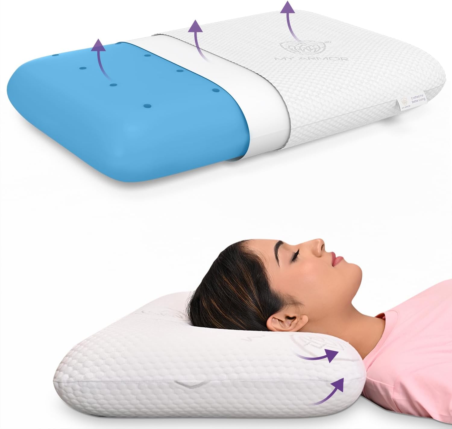 MY ARMOR Ventilated Cooling Gel Memory Foam Pillow Queen Size - 4.5 Inch Thick | 2 Years Warranty | with Removable Washable Cover - Pack of 1