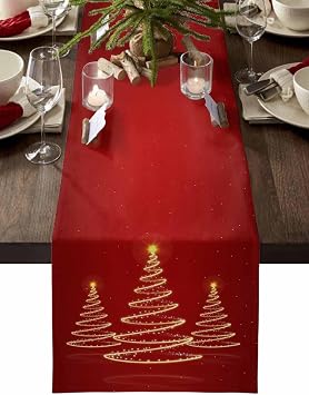 Christmas Table Runner-Cotton Linen- 72 Inch Holiday Dresser Scarves, Gold Xmas Tree Red Winter Red Holiday Tablerunner for Kitchen Coffee/Dining Bedroom Home Living Room Dinner Scarf Decor 13x72