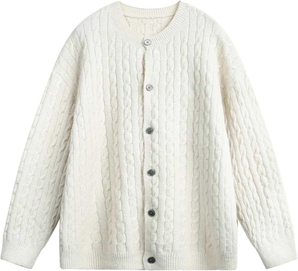 POHADON Twisted Cable Knit Sweater Vintage Y2k Aesthetic Chunky Grandpa Button Down Cardigan Fall Winter Fashion Clothes - Image 6