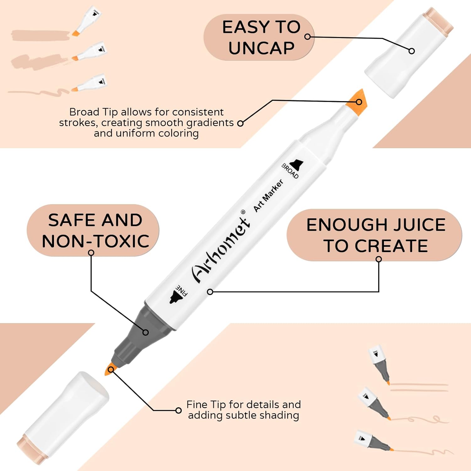 Arhomet 12pcs Skin Tone Alcohol Markers Set, Light Skin Dark Skin Dual Tip Alcohol Based Art Drawing Permanent Markers for Adult Artists. - Image 3