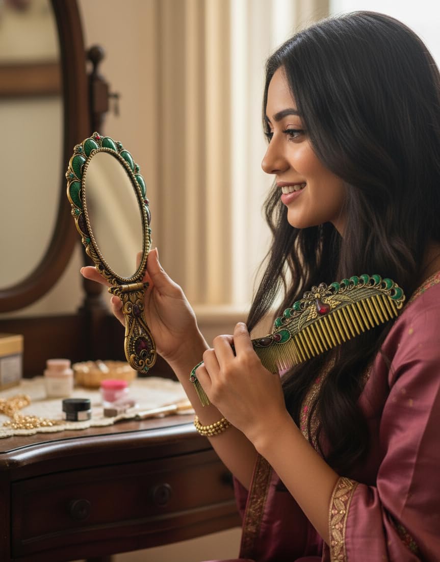 Riserra Peacock Elegance Mirror and Comb Set | Adjustable Handheld & Tabletop Vanity Mirror with Decorative Comb | Multicolour Peacock Design Grooming Gift-image-29