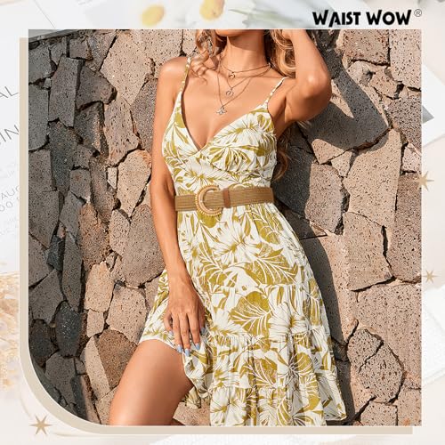 Image of Straw Woven Elastic Belt for Women Stretchy Belts for Dress Fashion Boho Waist Belt Rattan Raffia Ladies Belts